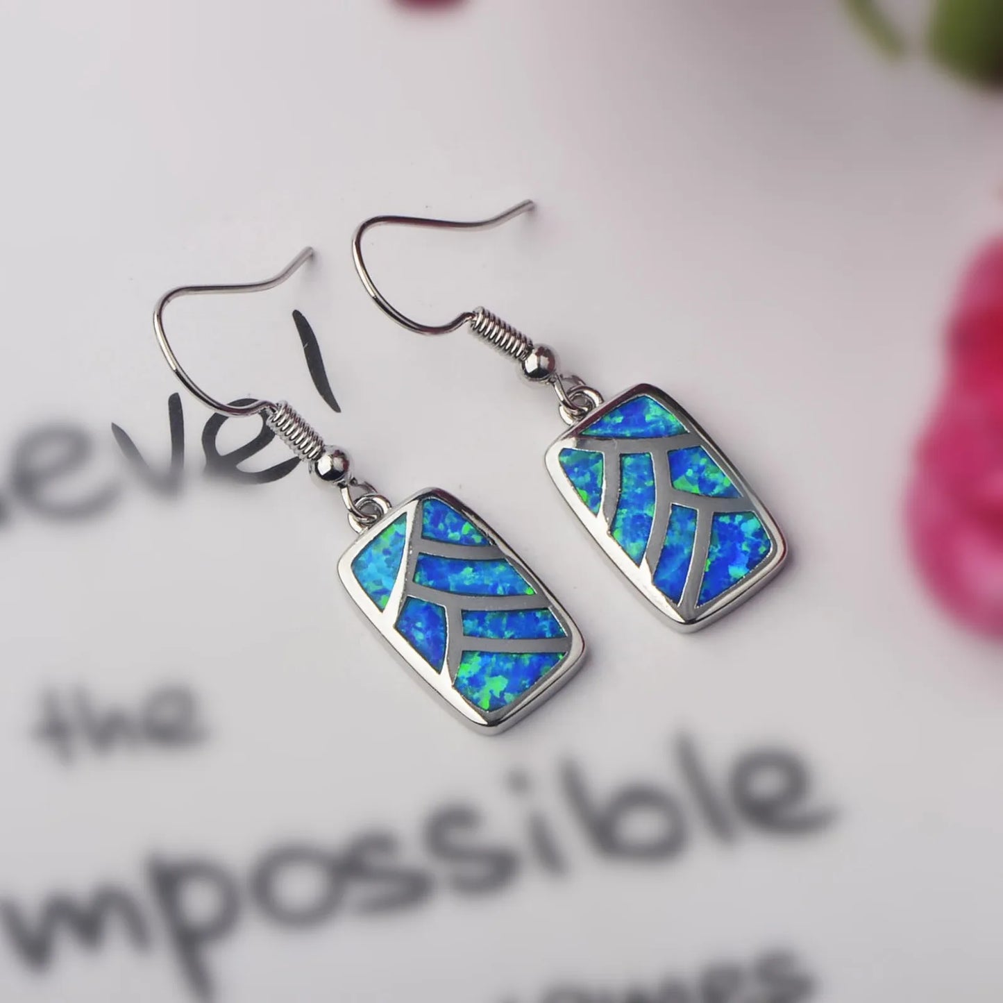 Leaf-Pattern Opal Drop Earrings - Blue Fire Opal Inlaid Rectangular Frame Design | Nature-Chic Daily Jewelry Bulk Gifts
