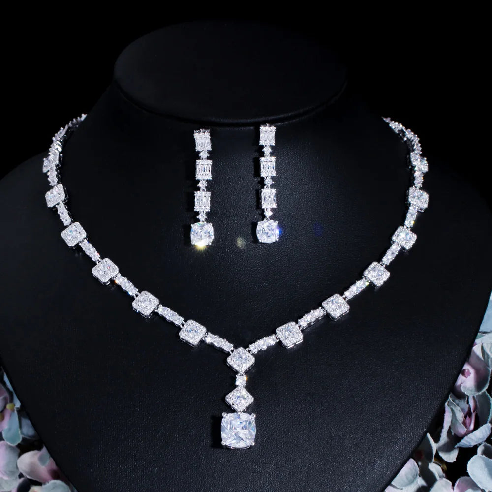 Classic Square Cut Yellow Cubic Zirconia Stone Wedding Necklace Earrings Dubai Nigerian CZ Bridal Jewelry Sets