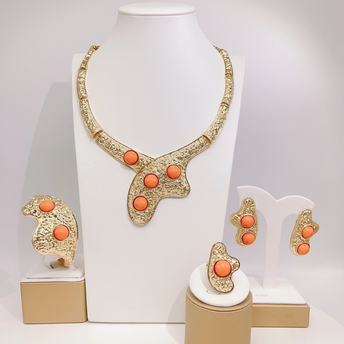 Zhuerrui Italian Gold Flower Jewelry Set Wedding Party Birthday Gift Orange Necklace Bracelet Earrings Ring Jewelry Sets H00715