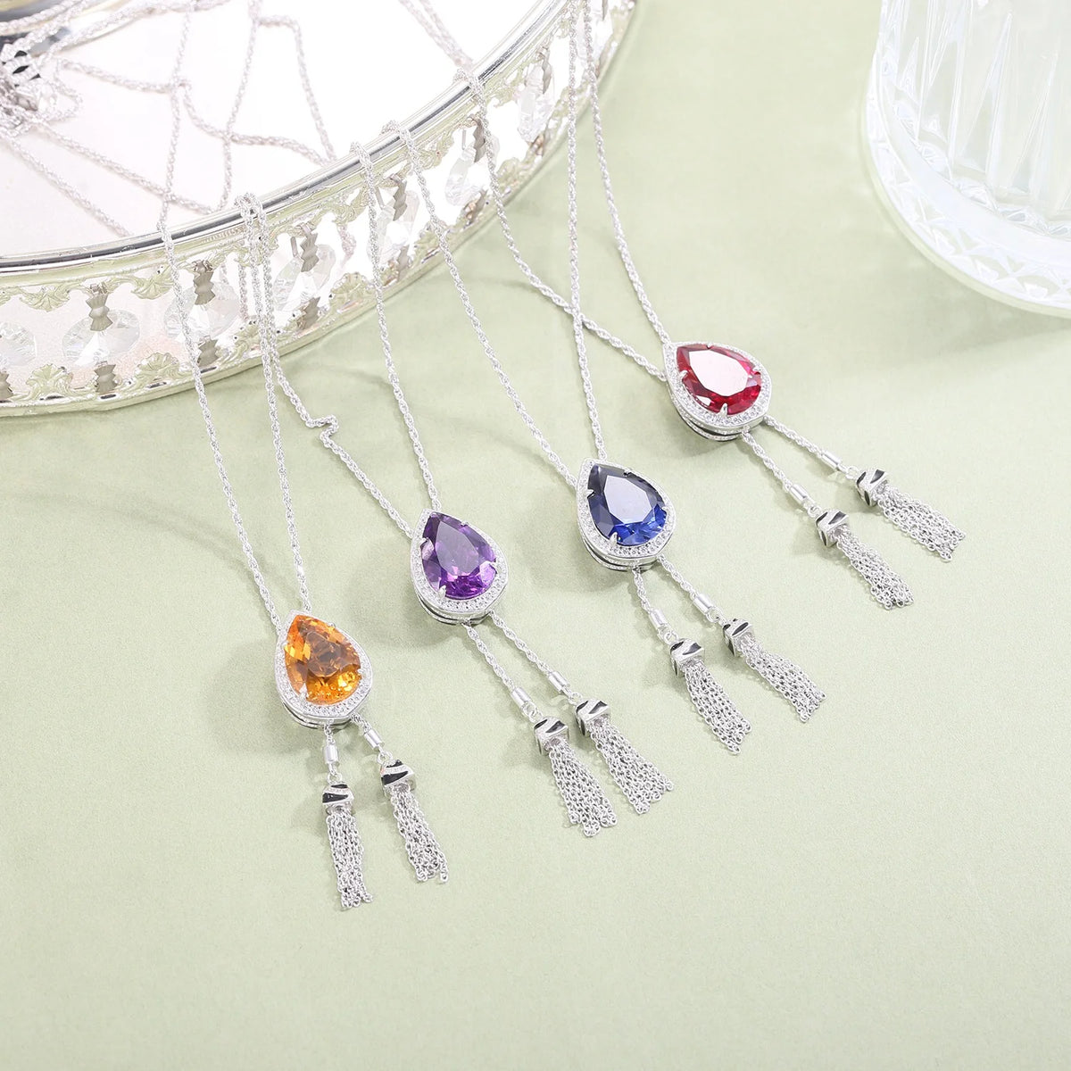 ArtistA C9646 Abiding Handcrafted 925 Silver Pear Shape 13x18MM Citrine Amethyst Lab Ruby Blue Sapphire White Cz Halo Pendant Necklaces