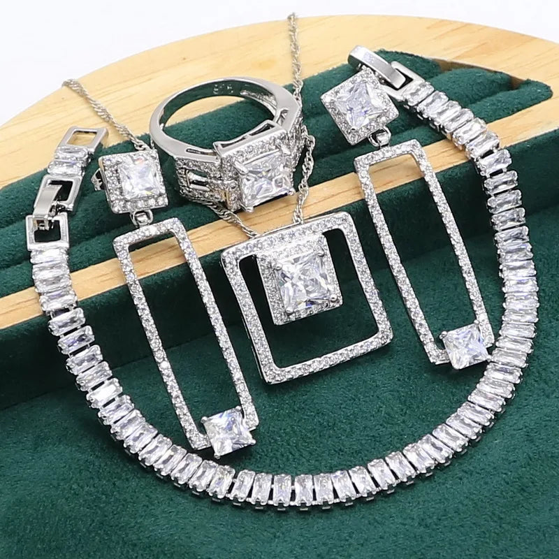 XOTICA Luxury Dubai Silver Jewelry Set for Women Long Earrings Necklace Pendant Ring-Wedding Gift