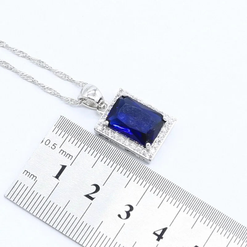 XOTICA Women's Custom Silver Set Square Blue Sapphire Rings Bracelets Earrings Pendant Necklace for Wedding Party Gift Alloy
