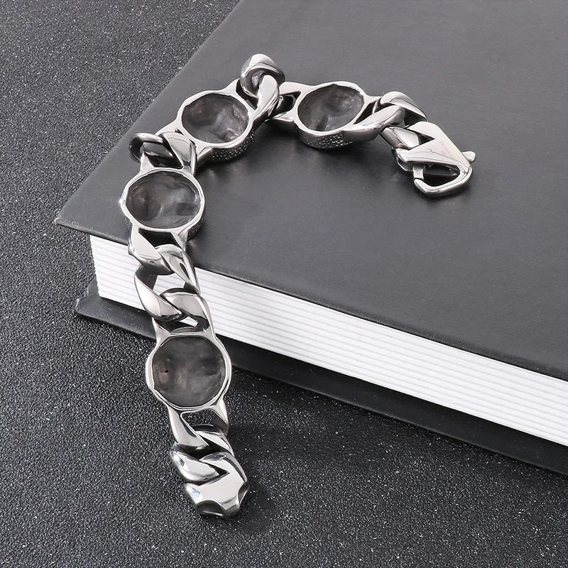 KALEN 230mm Men Punk Stainless Steel Skull Charms Cuban Links Bracelet