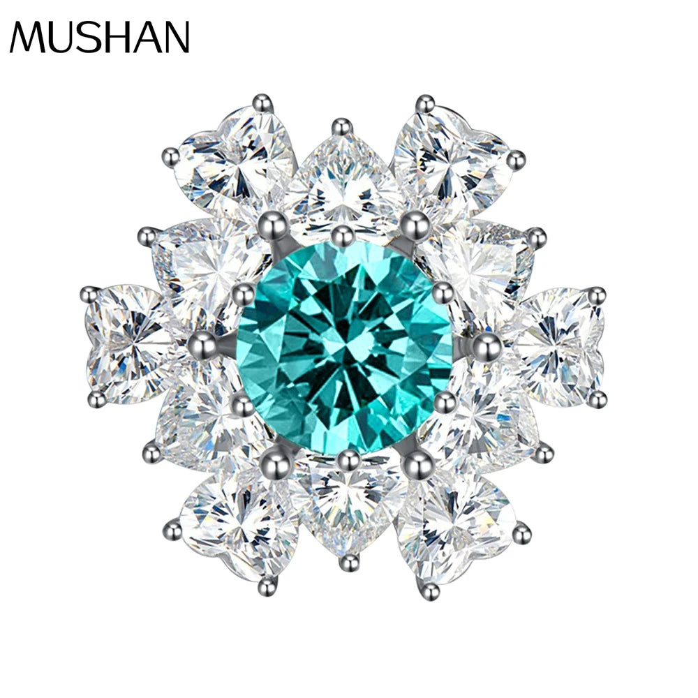 MuShan Jewelry Factory Bright Cut 8mm Paraiba High Carbon Diamond Ring for Women 925 Sterling Silver Ring