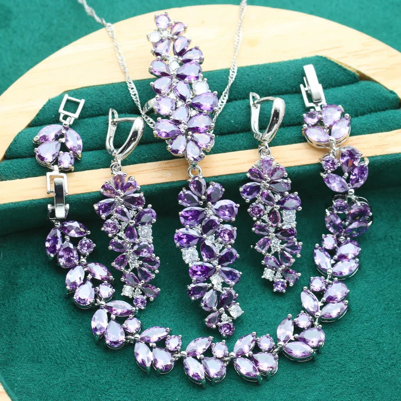 XOTICA 925 Sterling Silver Jewelry Set for Women Purple Amethyst Zircon Classic Bracelet Earrings for Wedding Party Birthday Gift