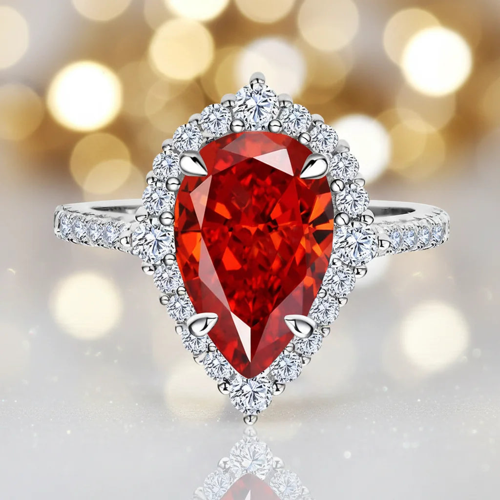 MuShan Jewelry Factory 925 Sterling Silver Rings for Women 7ct 8 * 12 Pear Shaped Red Synthetic High Carbon Diamond Jewelry
