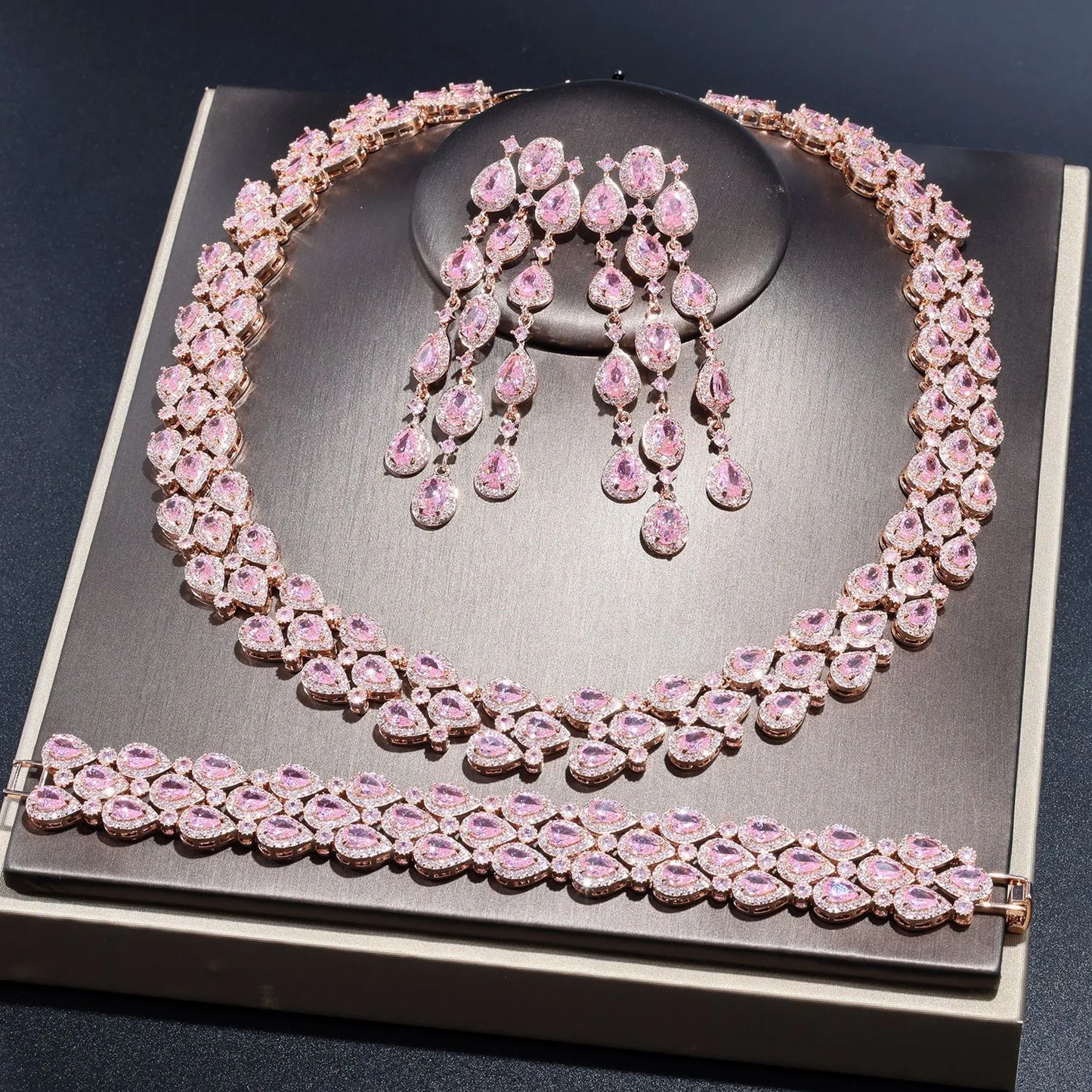 Bella Viva Elegant Pink Teardrop Cubic Zirconia Necklace & Bracelet and Earring 3pcs Jewelry Sets, for Wedding & Formal Events