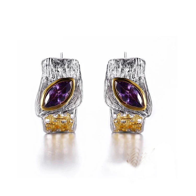 Handmade 925 Sterling Silver Vintage Zircon Stud Earrings With Bezel Setting