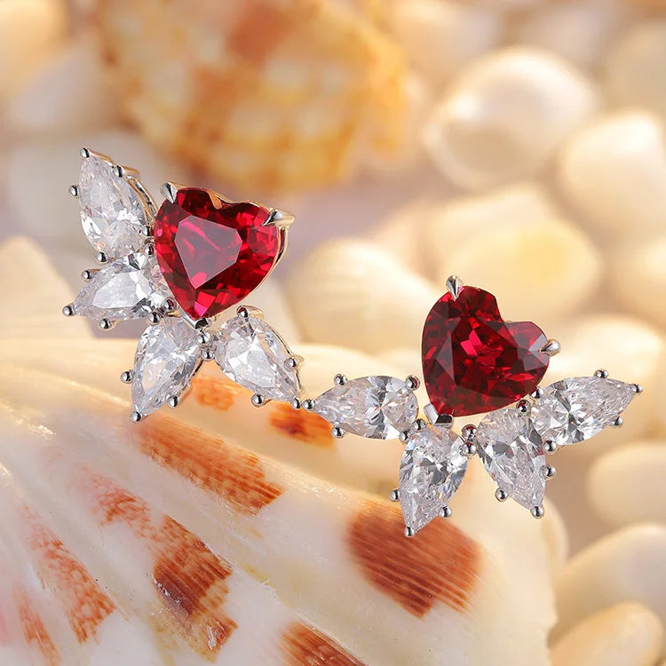 Gemfiori Vintage Heart Statement Earrings Studs Lab Grown Ruby Sterling Silver 925 Set for Women Christmas Gift