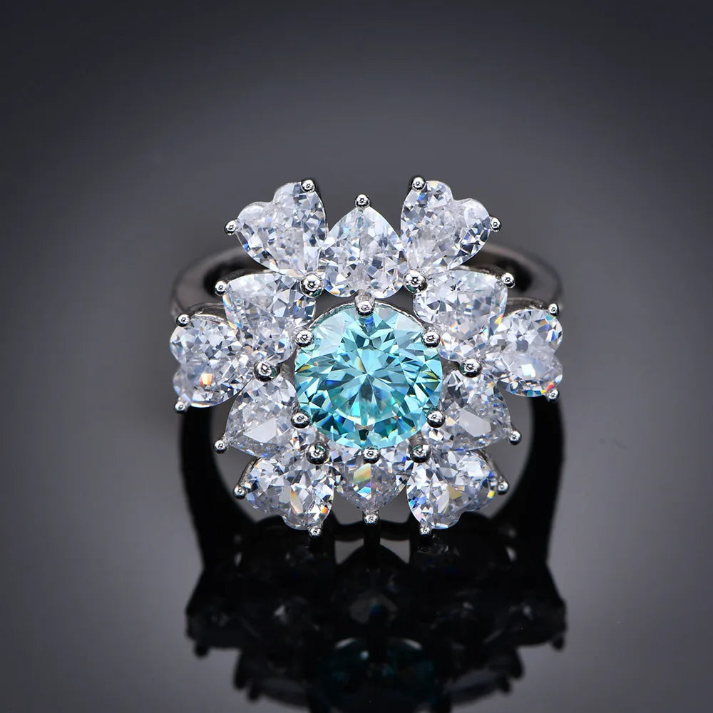 MuShan Jewelry Factory Bright Cut 8mm Paraiba High Carbon Diamond Ring for Women 925 Sterling Silver Ring