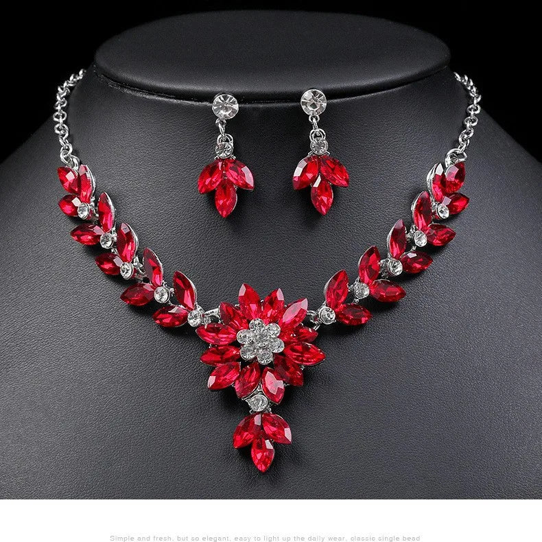 Princess Cut Crystal Flower Necklace & Earrings Jewellery Set | Retro Contrast Fashion Set