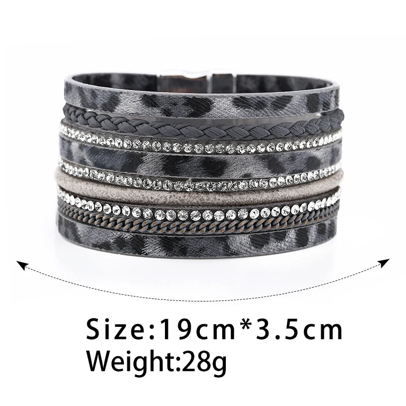 FASHIONISTA Hot Selling Fashion European and American Brick Inlaid PU Leather Magnetic Buckle Natural Leopard Print Ladies Bracelet