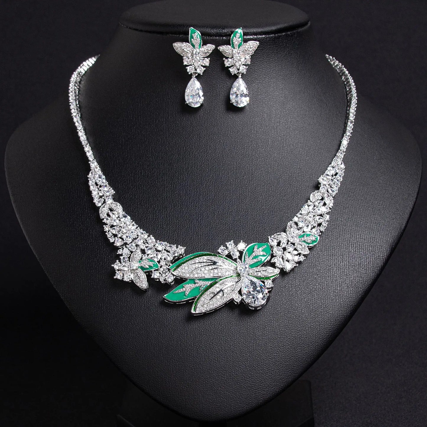 Newest Vintage Platinum Plated Brass Greek Iris Zirconia Dragonfly Necklace Earrings Sets Retro for Anniversary Gift