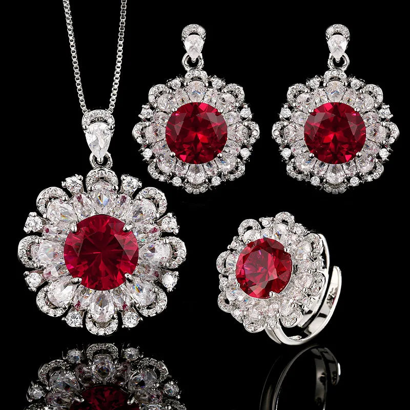 Gemfiori Bridal Wedding Luxury Ruby Flower Set with Zircon Exquisite Jewelry Wedding Necklace Earrings Three Piece Set