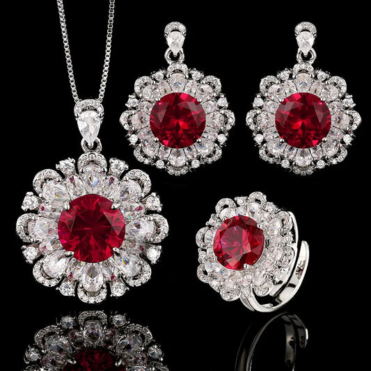 Gemfiori Bridal Wedding Luxury Ruby Flower Set with Zircon Exquisite Jewelry Wedding Necklace Earrings Three Piece Set