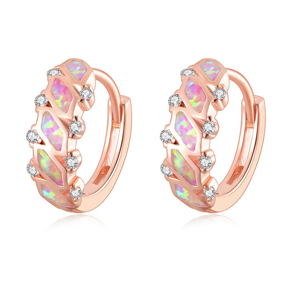 Geometric Mosaic Opal Huggie Hoops - Blue Fire Opal & CZ Accent Grid Design | Chic Daily Jewelry Bulk Gifts