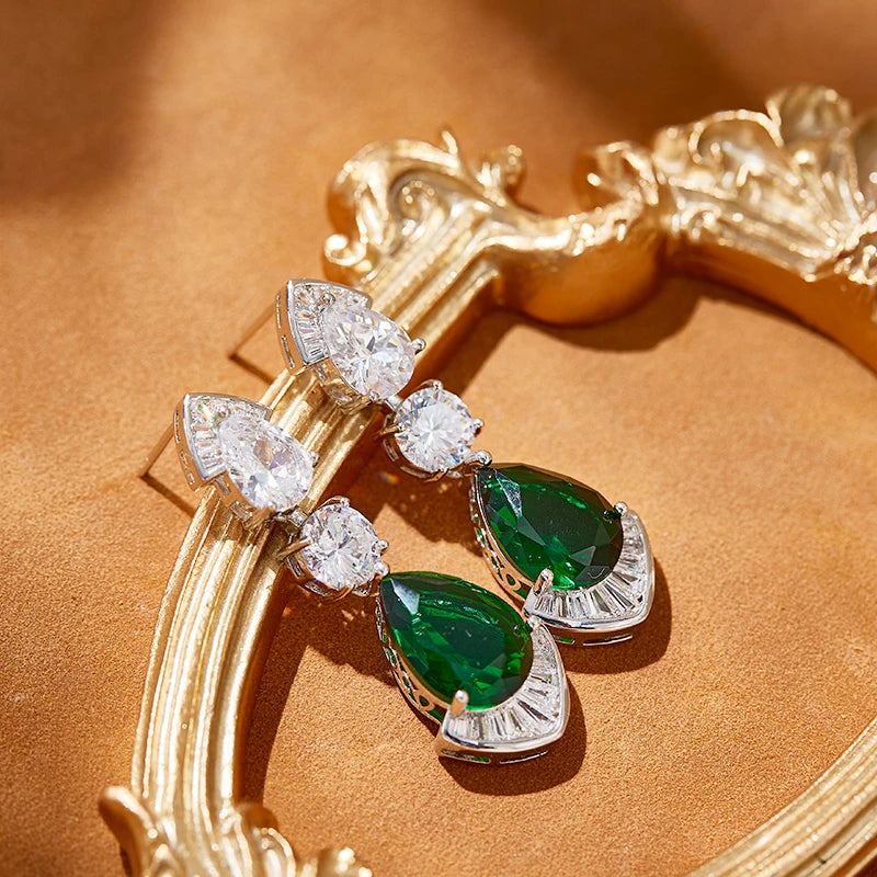 Elegant Women's Brass V-Shaped Necklace Earrings Simple Green Zircon Gemstone Sweater Chain Fashionable Weddings Parties Gifts