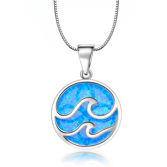 Copper Ocean Wave Opal Disc Pendant Necklace-Silver Plated Lariat Blue Fire Opal Inlay | Coastal Minimalist Jewelry Bulk Gifts