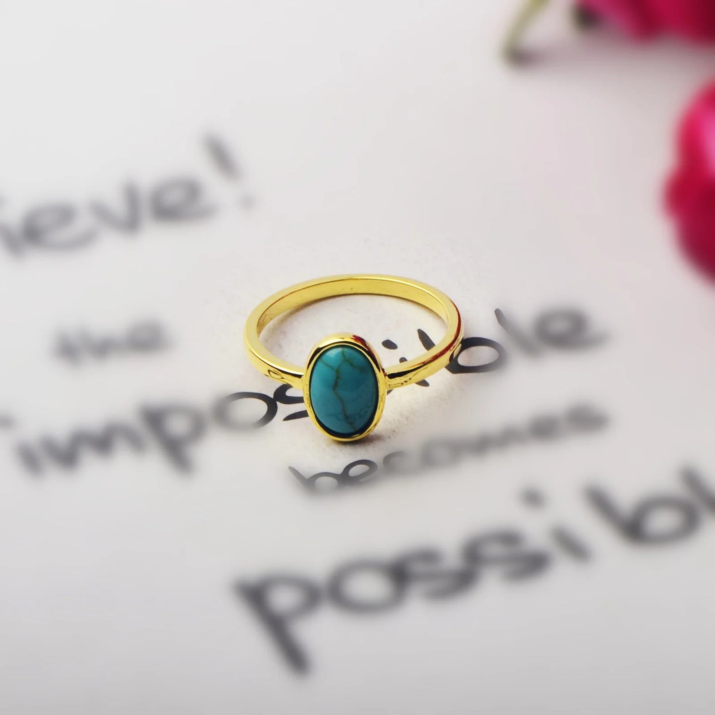Flower-Shaped Turquoise Oval Ring | Iridescent Gem Inlay Band | Modern Silver/Gold Plated Women's Trendy Fashion Jewelry