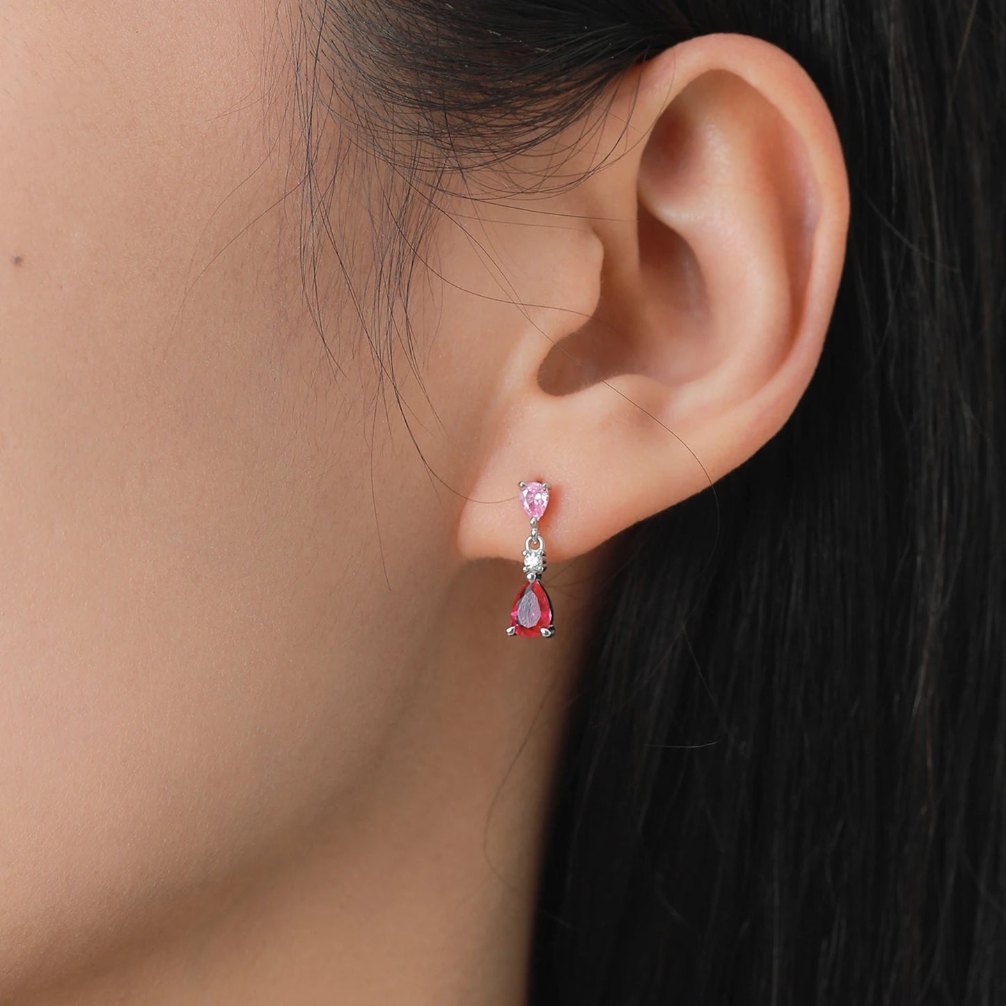 Ailmay 925 Sterling Silver Sweet Pink Water Droplet Zircon Pendant Necklace Earrings Set for Women Romantic Valentine's Day Gift