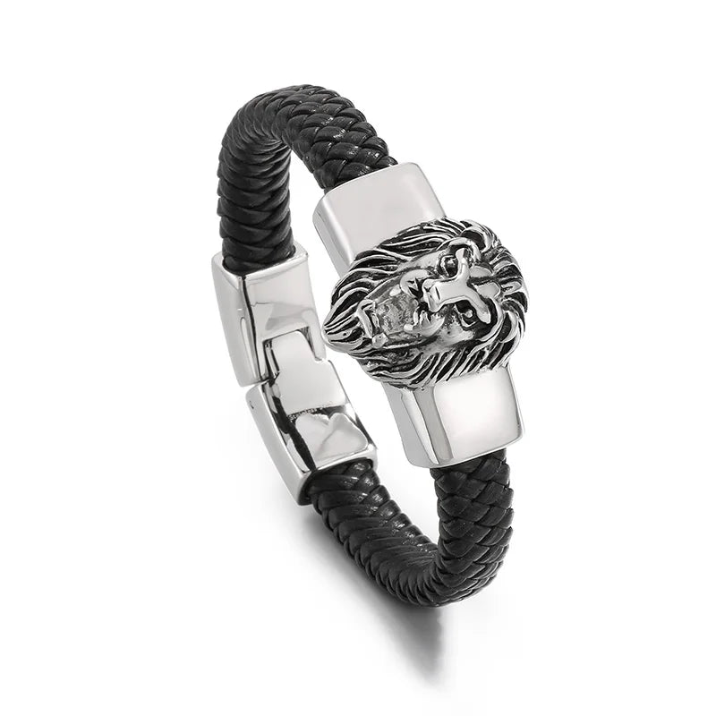 KALEN Fashion Mens Bracelets Stainless Steel Cowhide Leather Lion Head Bracelet Bangle