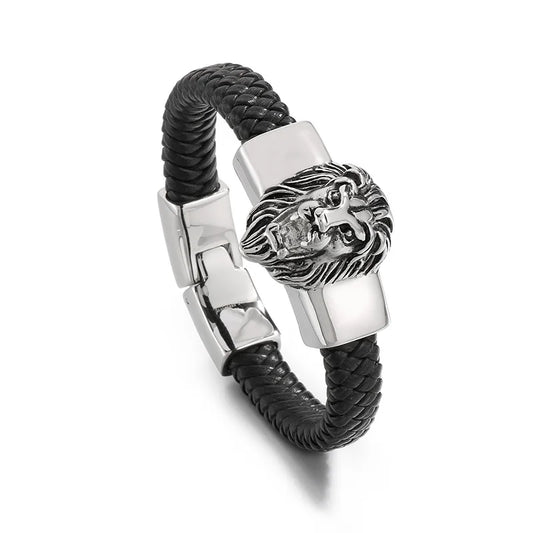 KALEN Fashion Mens Bracelets Stainless Steel Cowhide Leather Lion Head Bracelet Bangle