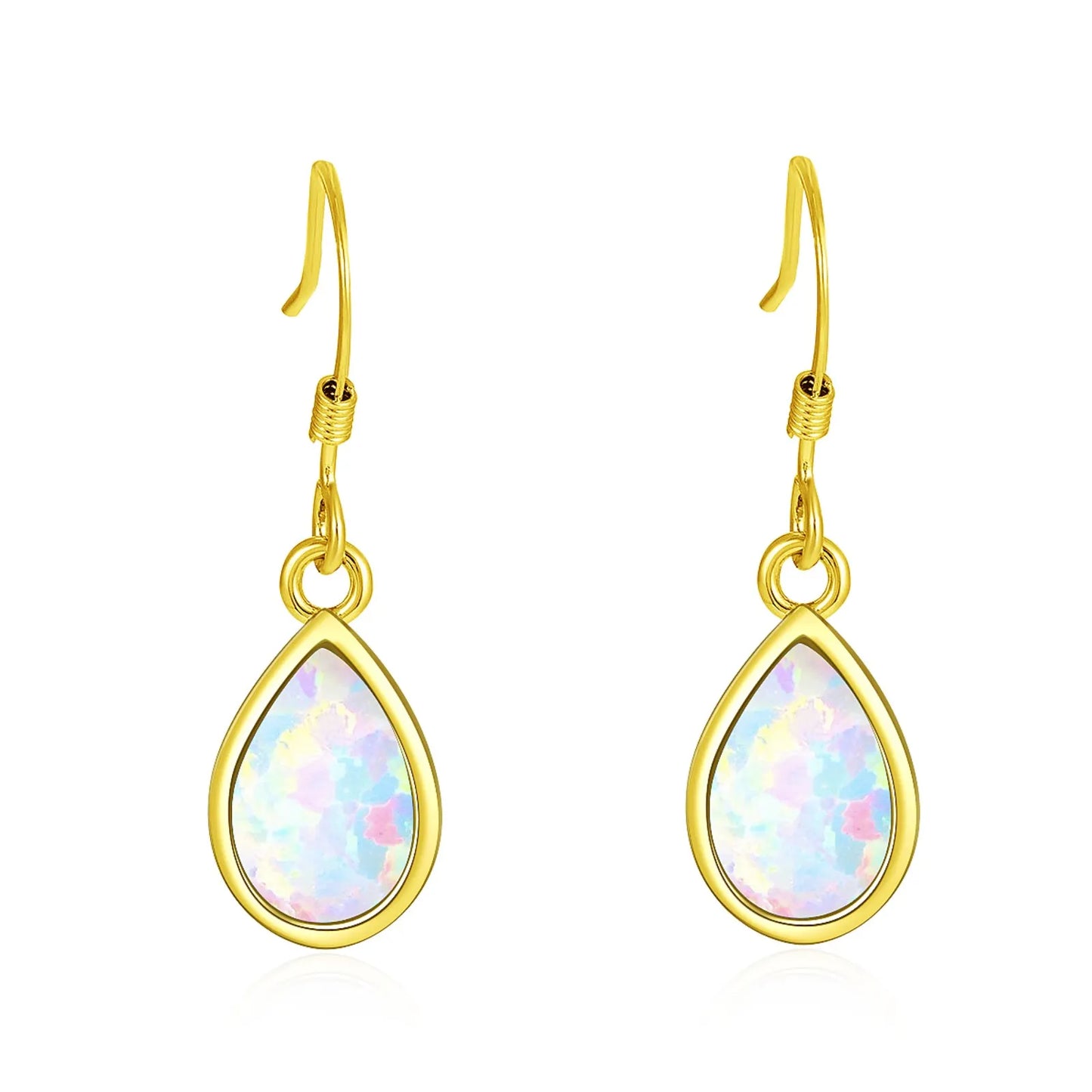 Gilded Teardrop Opal Drop Earrings - Iridescent Multi-Color Opal Inlaid | Retro-Chic Jewelry Bulk Gifts
