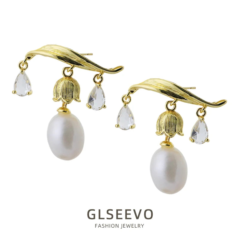 Natural Freshwater Pearl Tassel Lily of the Valley Crystal Earrings Vintage Style Earrings Get Married  Ladies Jererly GE1752