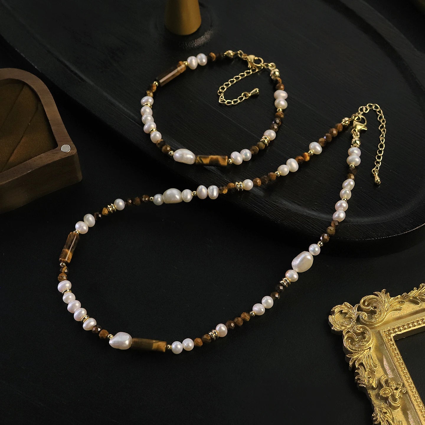 GLSEEVO Natural Pearl & Tiger Eye Stone Necklace, Earrings & Bracelet Jewellery Set — Bohemian Vintage Style