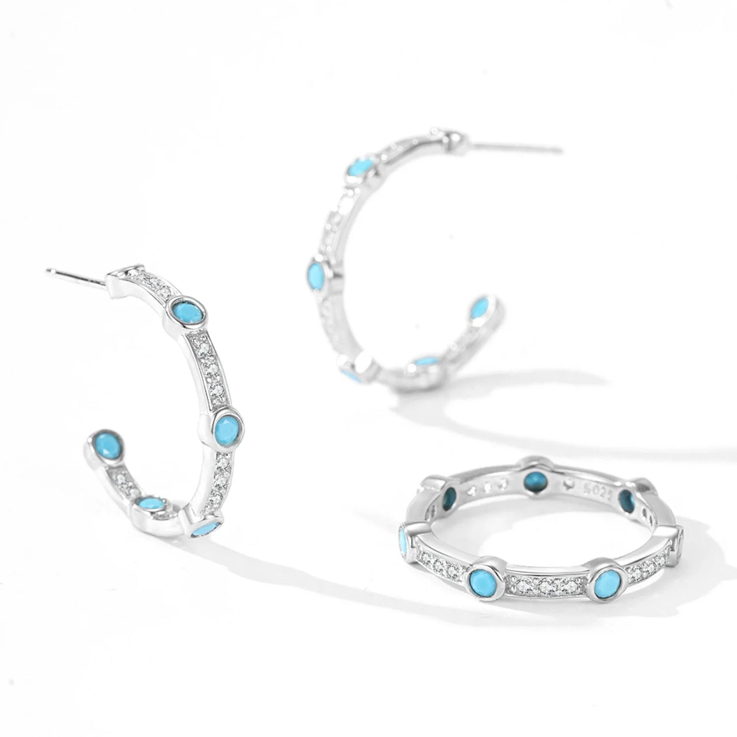 Wholesale 925 Sterling Silver Temperament Turquoise Retro Fashion Ring Earrings Jewelry Set Gift Set