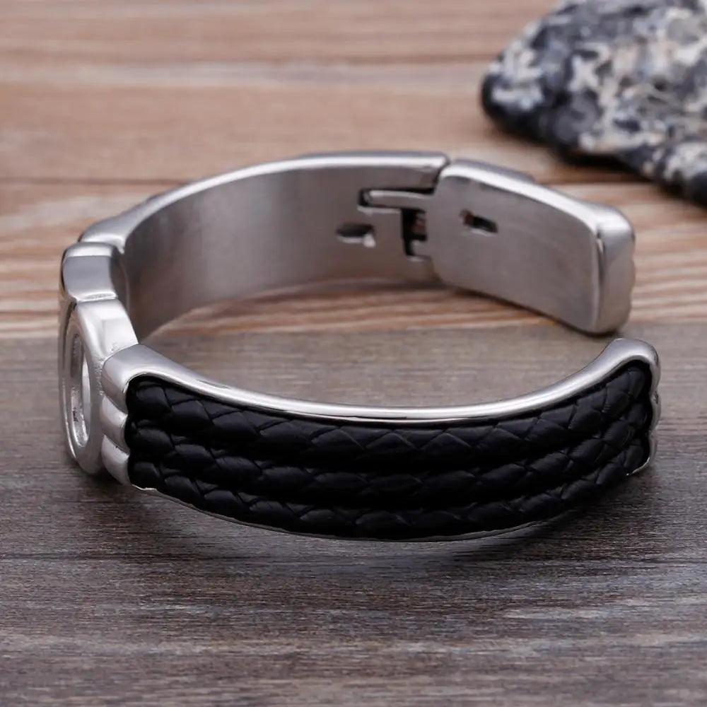 VIKING Mens Trendy Leather & Stainless Steel Cuff Bracelet – Silver