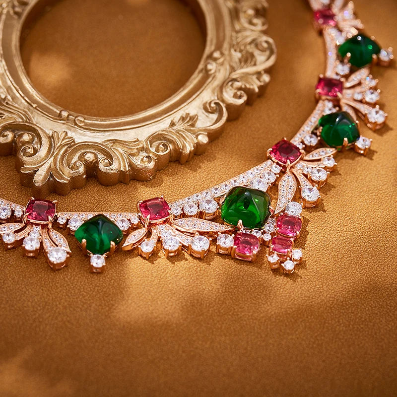 2025 New Style Colored Gemstone Necklace Earrings Sexy Women's Jewelry Set Brass Skin Friendly Non Oxidizing Wedding Accessories