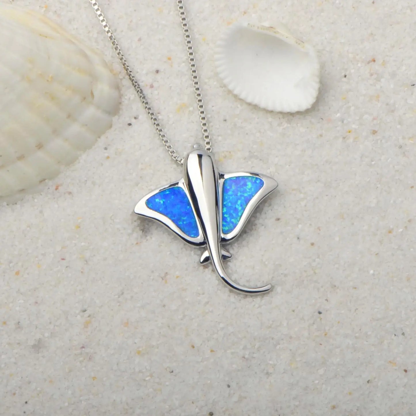 Opal Christian Batfish Necklace for Women Romantic Brass Link Chain Sweater with Blue Hexagonal Star Pendant