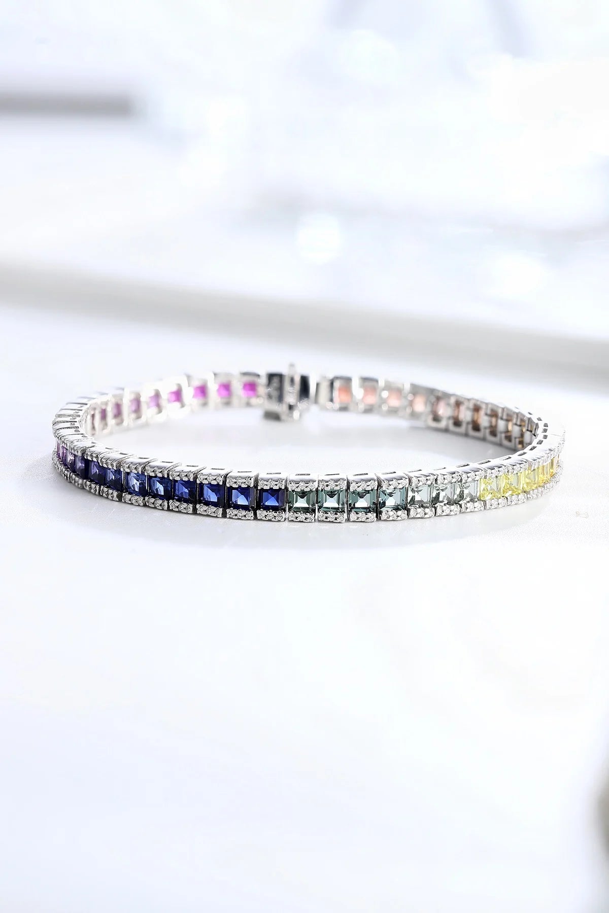 Gemfiori Rainbow Color Lab-Grown Gemstone Tennis Bracelet 925 Sterling Silver Multi-Color Princess Cut Jewelry for Gift
