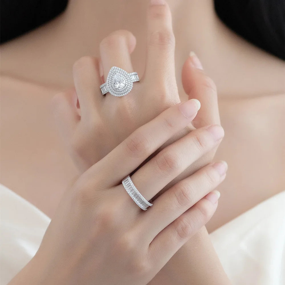 MuShan Jewelry Factory New Micro Inlaid Diamond Water Drop Pair Ring S925 Pure Silver Zircon Ring for Women Fashion Set