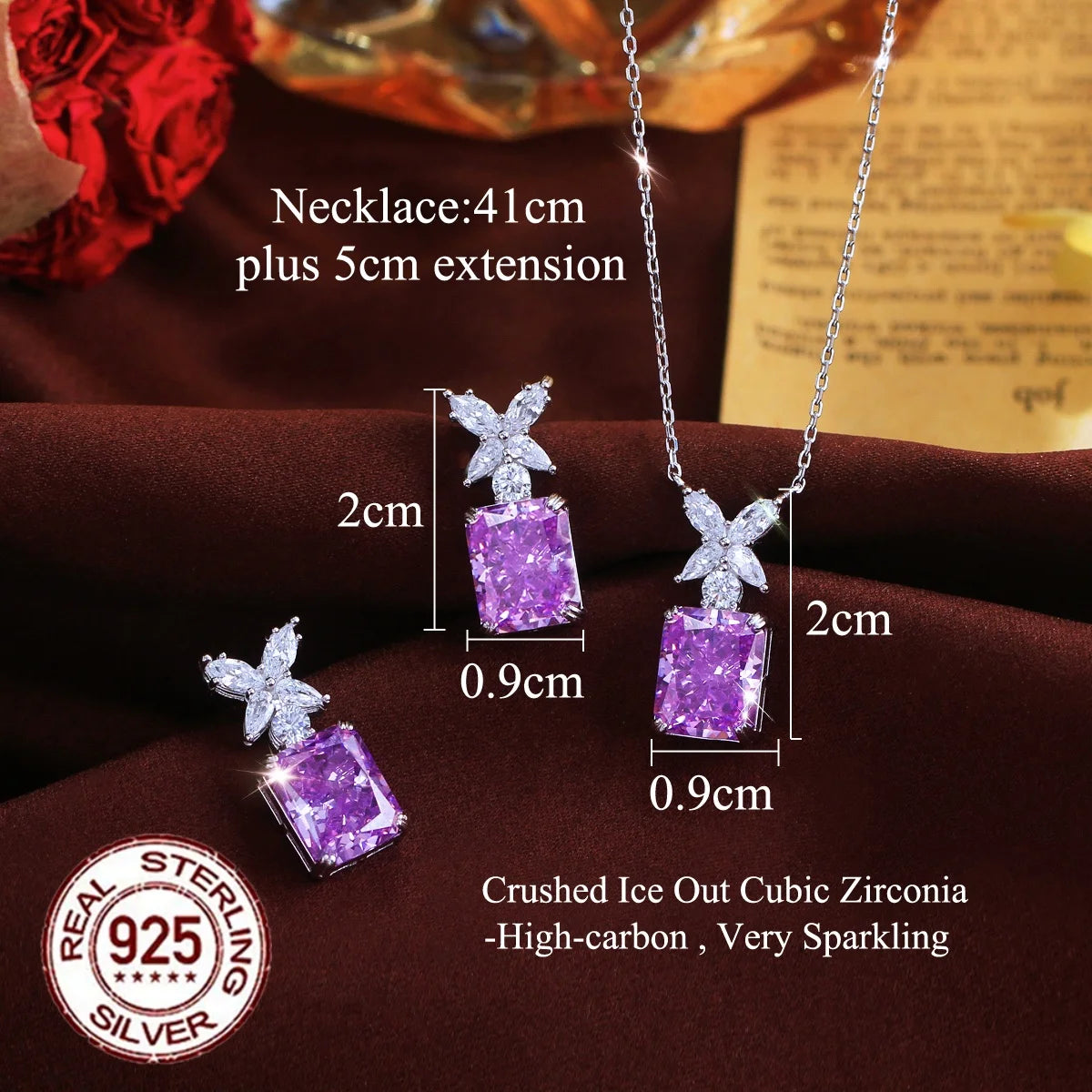 Sparkling High-carbon Crushed Ice Cut Cubic Zirconia S925 Sterling Silver Purple Jewelry Set for Women Wedding Party Jewelry