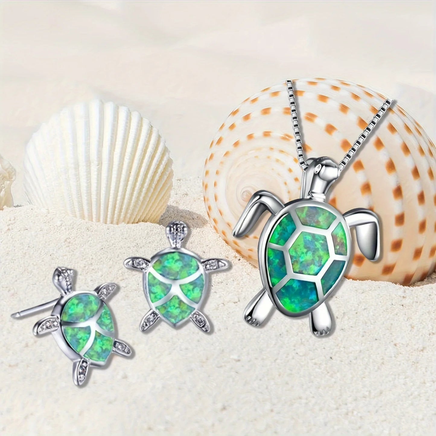 Marine Turtle Opal Jewelry Set - Green Fire Opal Sea Turtle Necklace & Earrings | Coastal Pet-Lover Bulk Gifts