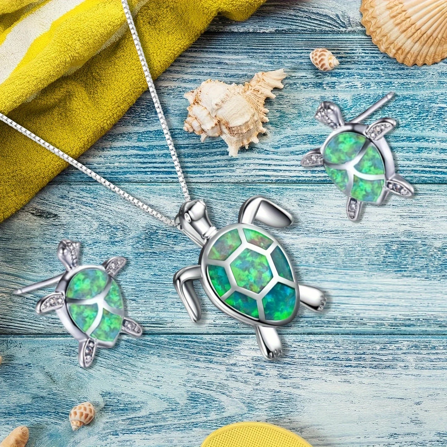 Marine Turtle Opal Jewelry Set - Green Fire Opal Sea Turtle Necklace & Earrings | Coastal Pet-Lover Bulk Gifts