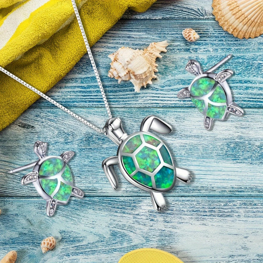 Marine Turtle Opal Jewelry Set - Green Fire Opal Sea Turtle Necklace & Earrings | Coastal Pet-Lover Bulk Gifts