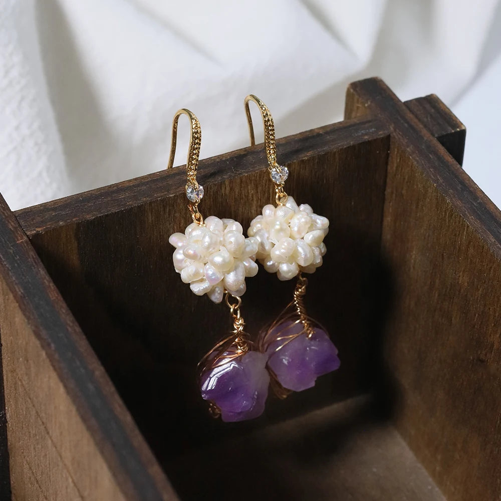 Natural Freshwater Pearl Flower Ball Amethyst Earrings Korean Style Women Luxury Jewelry Fashion Ladies and Girls Gift GE1578