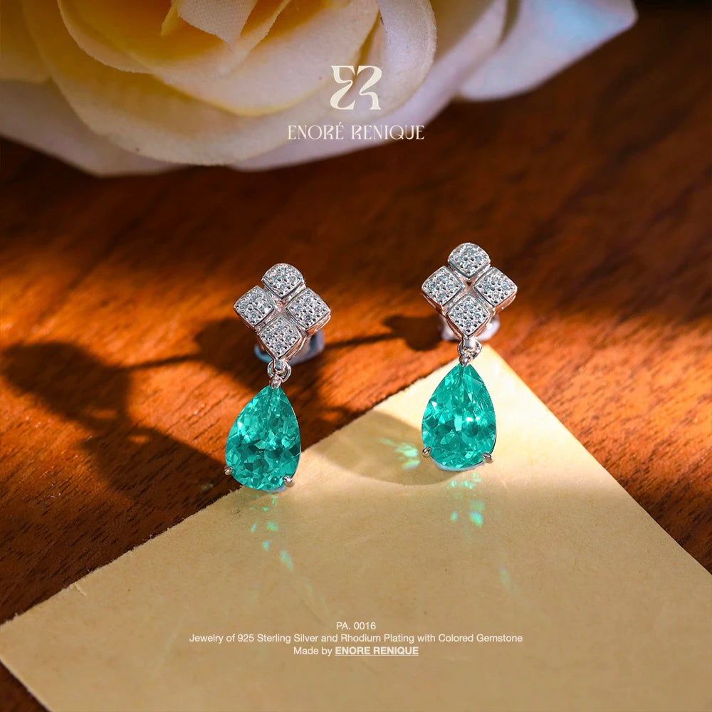7x10mm Pear Neon Blue Lab Grown Gemstone Jewelry Parure Rhodium Plated 925 Sterling Silver Paraiba Set Anniversary Gift for Her