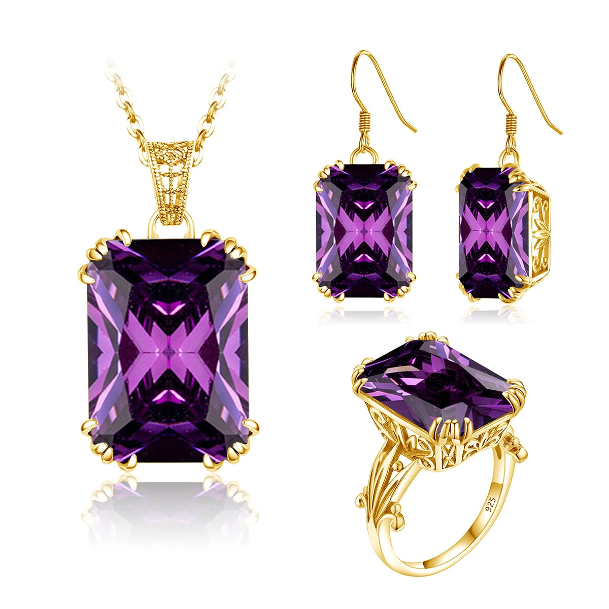 ArtistA Emerald Gemstone Vintage Engagement Wedding 925 Sterling Silver 18K Gold Plated Jewelry Set with Ring Earrings Pendant for Women