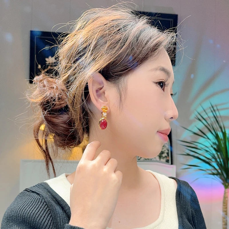 Retro Exaggerated Red Bead Hollow Necklace Earring Set Made of Brass Material Skin Friendly Women's Dress Accessories
