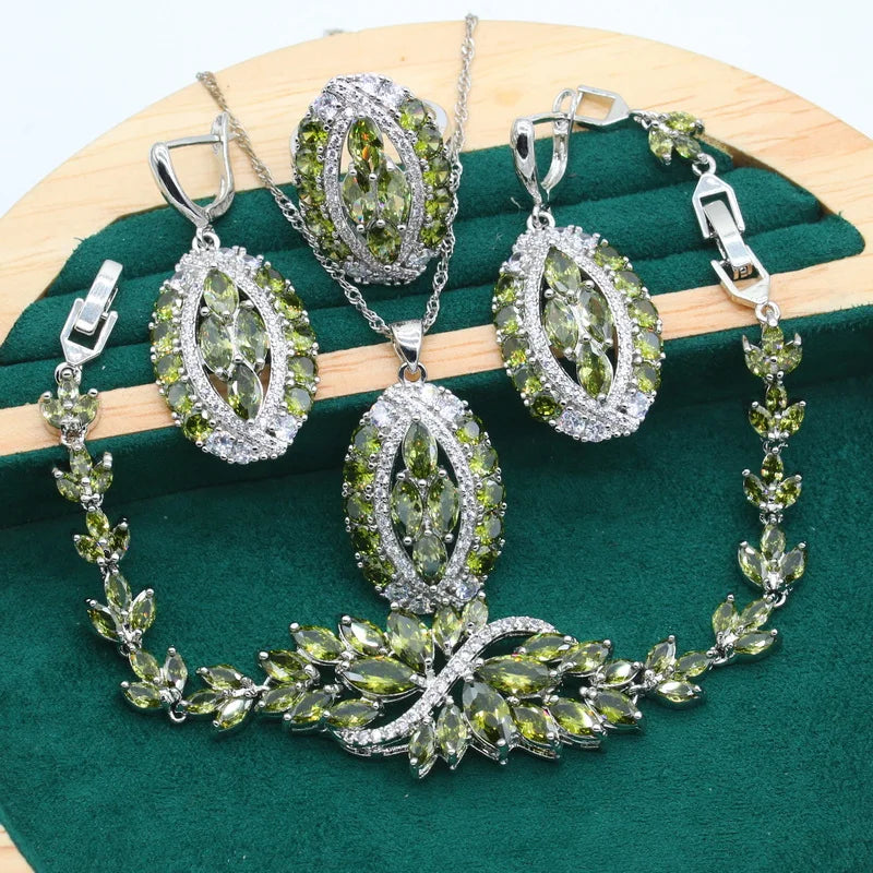 XOTICA Women's Sterling Silver 925 Wedding Jewelry Set Including Bracelet Earrings Pendant Ring Green Peridot Zircon for Party Gift