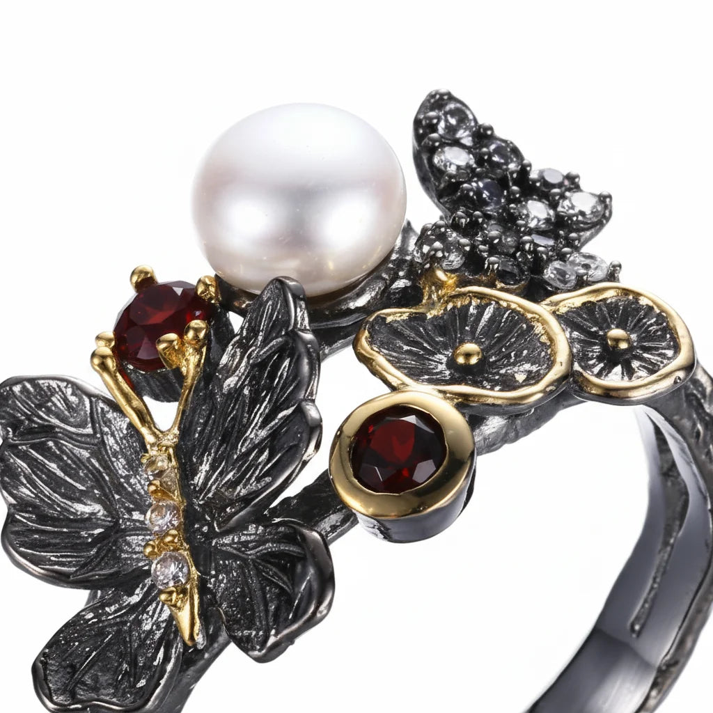 Butterfly Design Button Pearl 925 Sterling Silver Ring