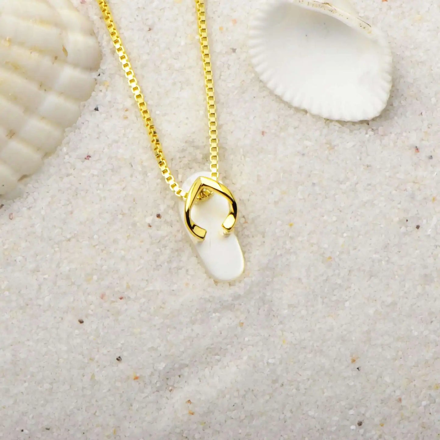 Gold Flip Flop Pendant | Shell Accent Fashion Necklace