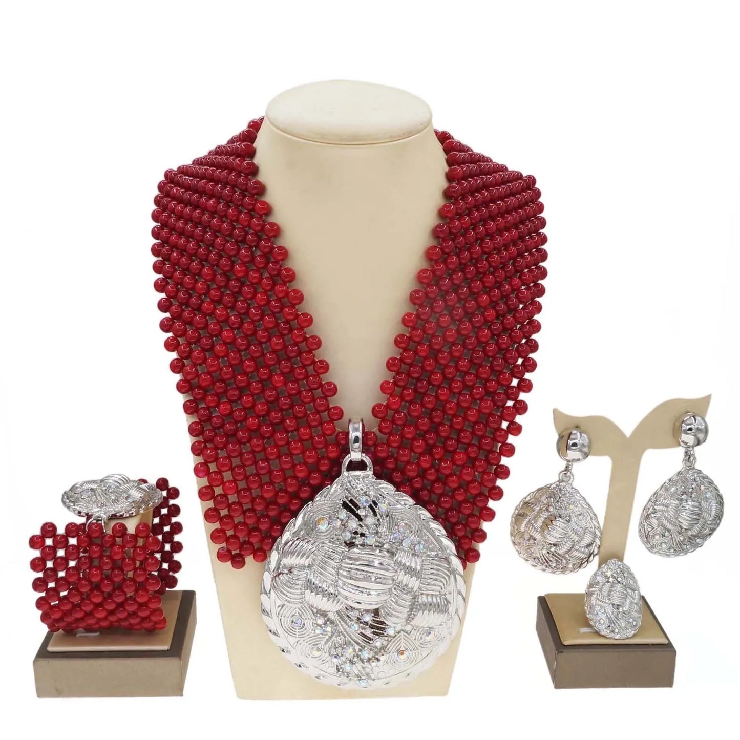 Zhuerrui Beautiful Women's Gold Jewelry Sets Bright Red Pearl Big Necklace Bracelet Jewelry Set Cheap Customized Luxury H40039
