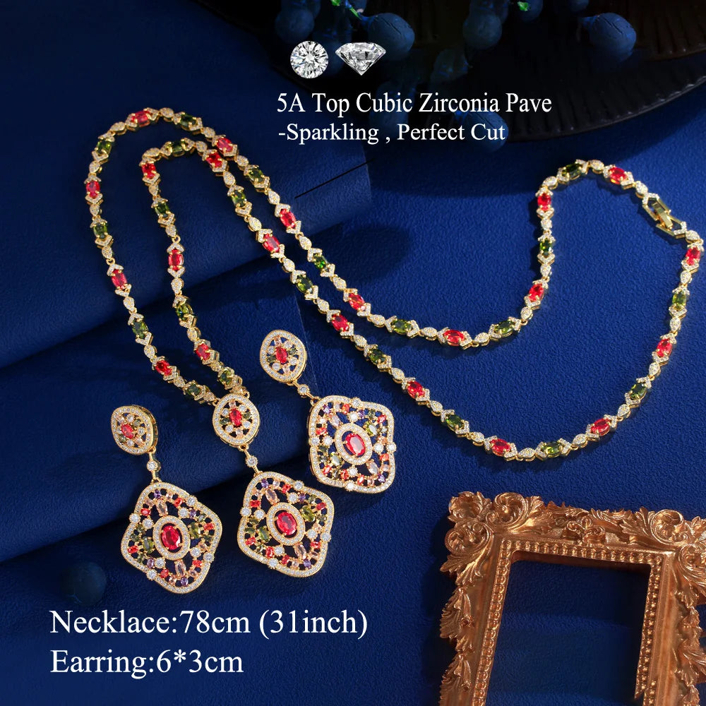 Elegant Multicolor Cubic Zircon Dubai Gold Plated Long Necklace and Earrings Party Wedding Bridal Jewelry Set for Women