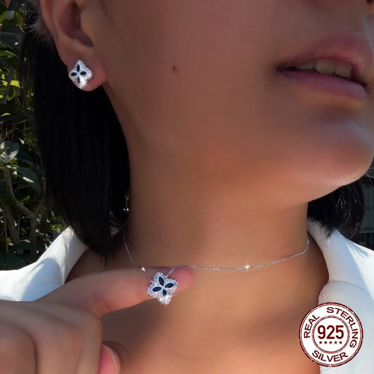 925 Sterling Silver Marquise Cut Blue CZ Halo Necklace Earrings Sparkling Lucky Four Leaf Clover Jewelry Set for Daily Wear
