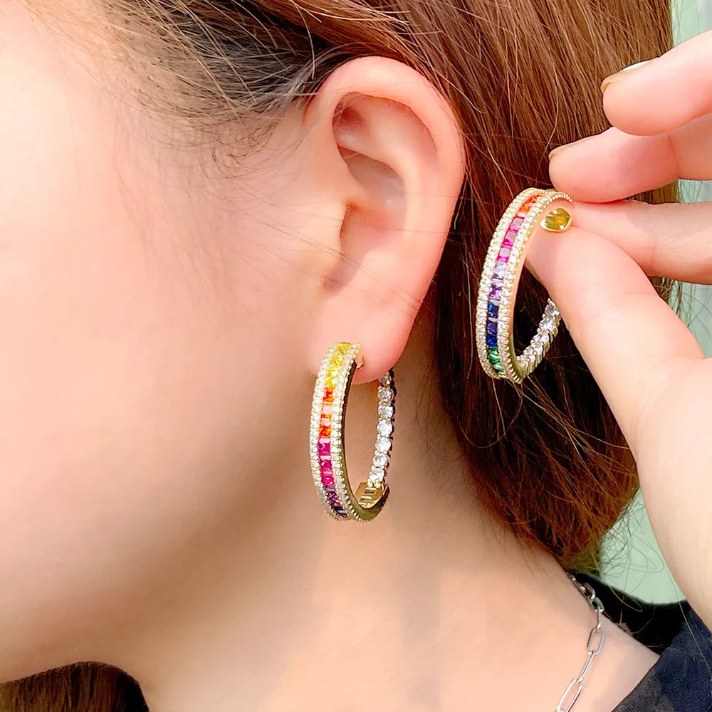 S&S Rainbow CZ Round Hoop Earrings – Princess Cut – 18K Gold Plated – Collection